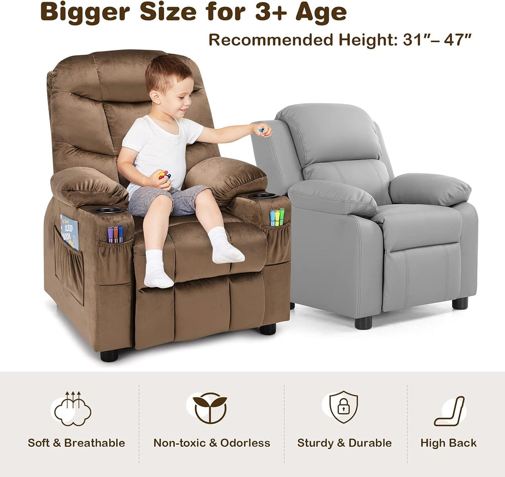 Kids Recliner, Kids Recliner Chair w/ 2 Cup Holders, Velvet Fabric Chairs Comfy w/Adjustable Backrest & 3 Pockets, Toddler Furniture Sofa for Boys Girls Aged 3+
