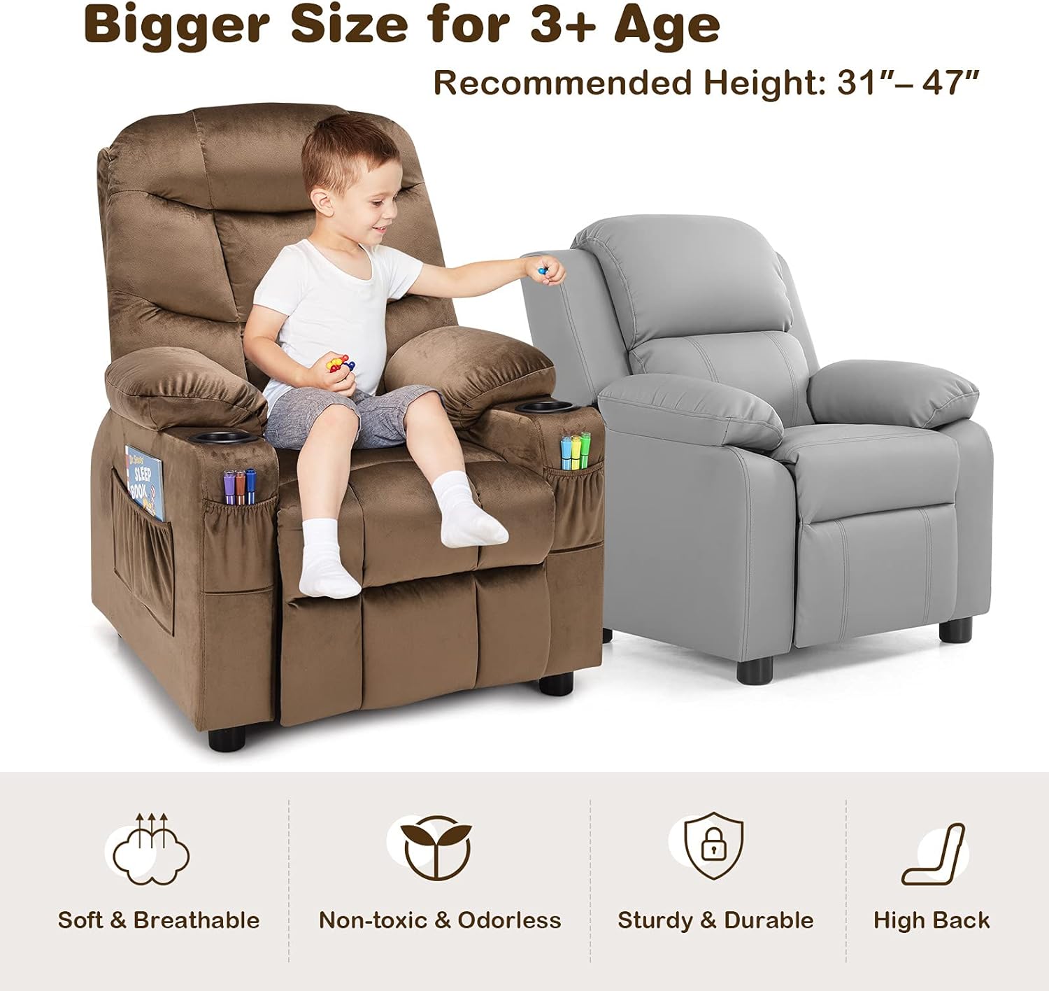 Kids Recliner, Kids Recliner Chair w/ 2 Cup Holders, Velvet Fabric Chairs Comfy w/Adjustable Backrest & 3 Pockets, Toddler Furniture Sofa for Boys Girls Aged 3+