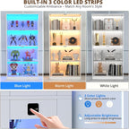 VOWNER 65'' Display Cabinet with Glass Door, 4-Tier Curio Cabinet for Collectibles Trophy, Glass Display Case with Human Body Sensor, 3 Color Lights, Bookcase Storage Cabinets for Living Room, Study