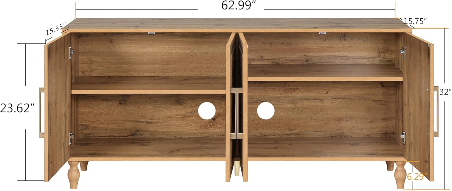 Sideboard Buffet 63" Credenzas for Living Room, Entryway Table with Storage Cabinet Natural Wood Color, Carved Flowers Doors & Cable Holes