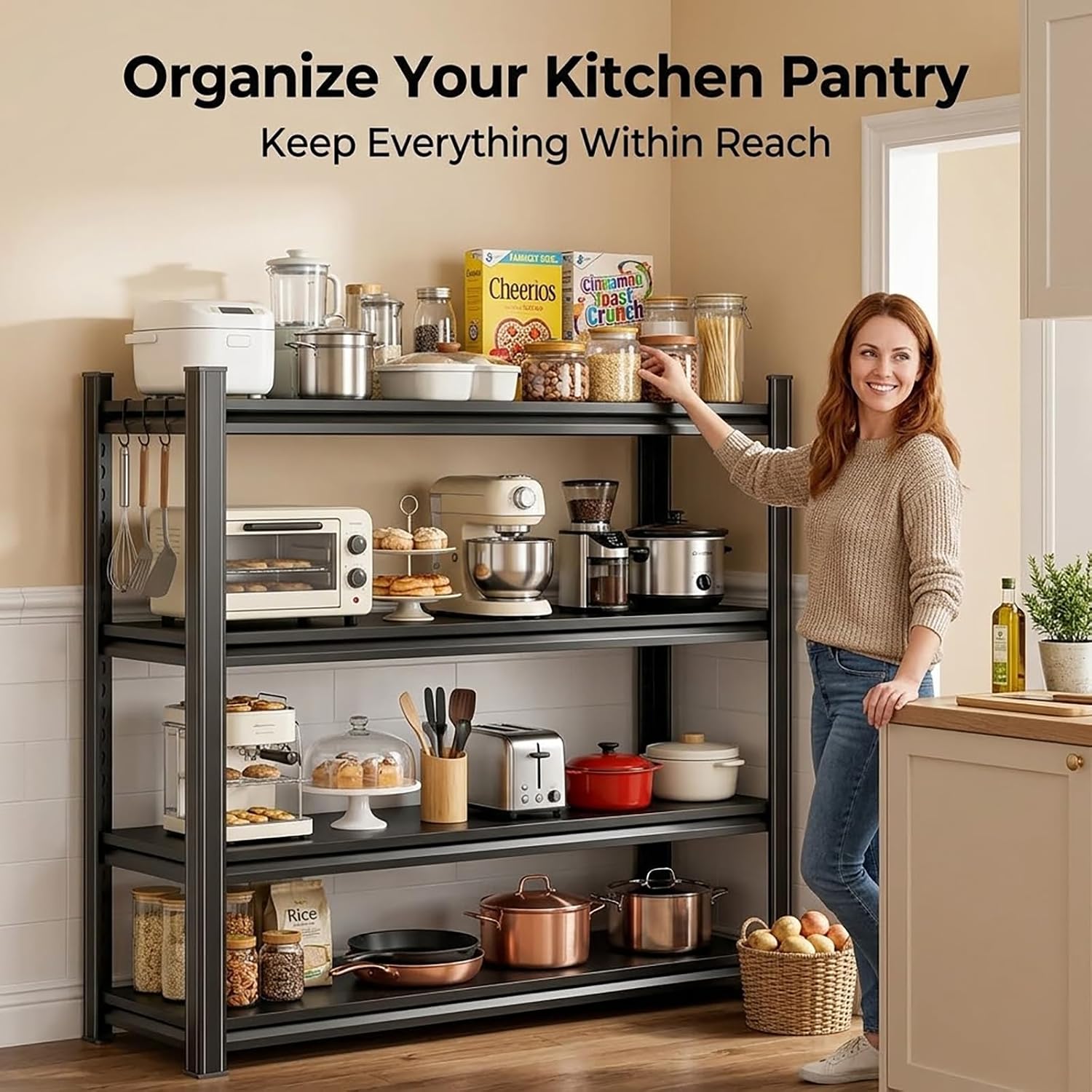 Kitchen Pantry Storage Shelves, 5-Tier Heavy Duty Metal Shelving Unit, Black Adjustable Deep Shelf Organizer for Pots, Pans, Food, and Pantry Items (5-45" W X 16" D X 71" H)