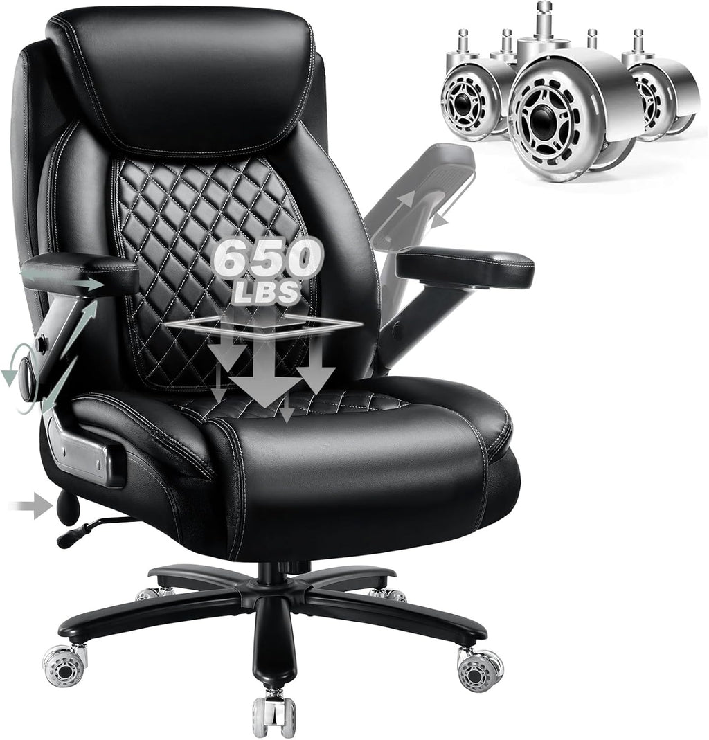 650LBS Big and Tall Office Chair with 5D Flip Arms and Thick Pocket Spring Cushion, Extra Wide Heavy Duty Office Chair & Adjustable Lumbar Support, Large High Back Computer Chair Dual Rubber Wheel