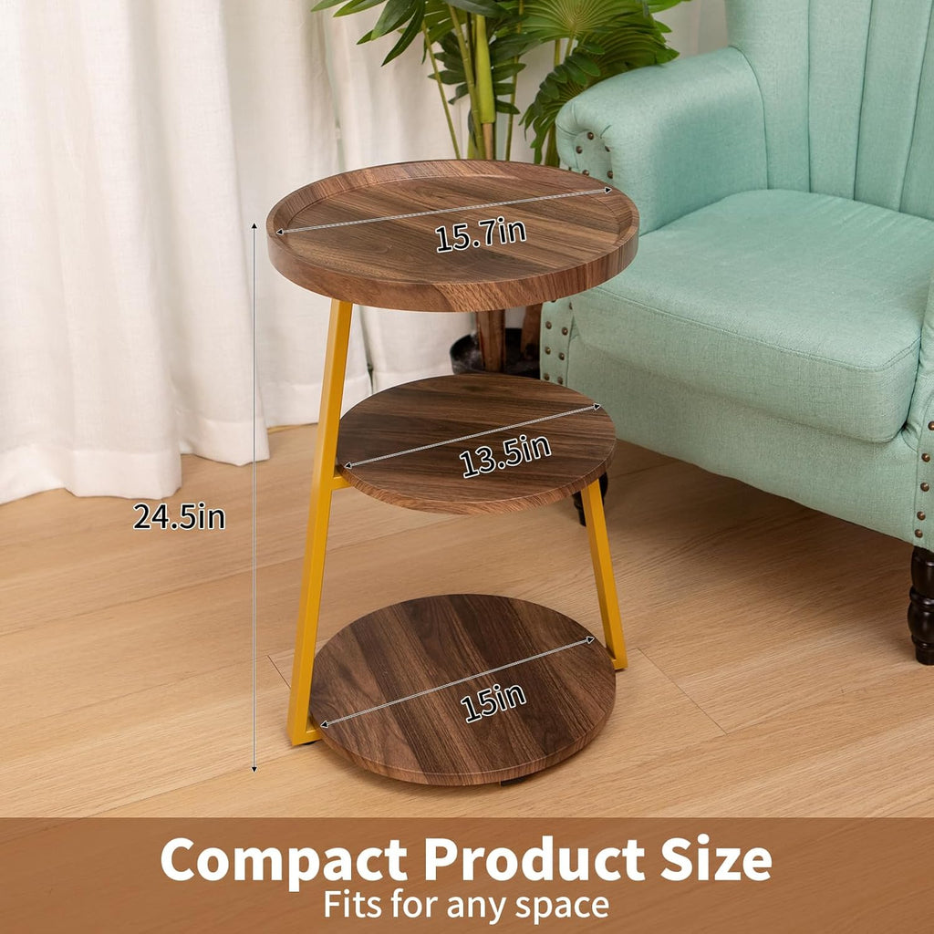 Small Round Side Table, 3-Tier End Table for Living Room, Wooden Nightstand Bedside Tables with Storage Shelf, Circle Accent Table for Bedroom, Office, Apartment (Walnut, Golden Frame)