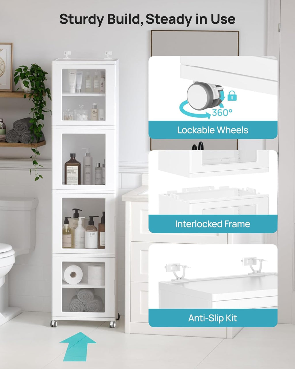 Vtopmart 63.2" Tall Slim Bathroom Storage Cabinet with 4 Adjustable Shelves and 4 Doors, Freestanding Narrow Cabinets Organizer with Wheels and Anti-tip for Laundry, Kitchen, Pantry, White