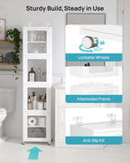 Vtopmart 63.2" Tall Slim Bathroom Storage Cabinet with 4 Adjustable Shelves and 4 Doors, Freestanding Narrow Cabinets Organizer with Wheels and Anti-tip for Laundry, Kitchen, Pantry, White