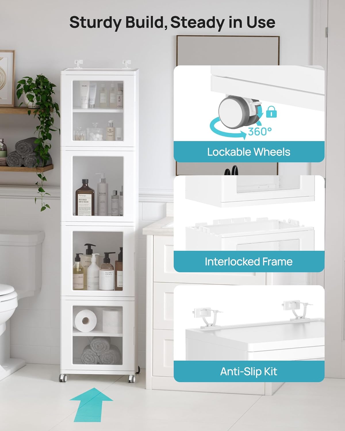 Vtopmart 63.2" Tall Slim Bathroom Storage Cabinet with 4 Adjustable Shelves and 4 Doors, Freestanding Narrow Cabinets Organizer with Wheels and Anti-tip for Laundry, Kitchen, Pantry, White