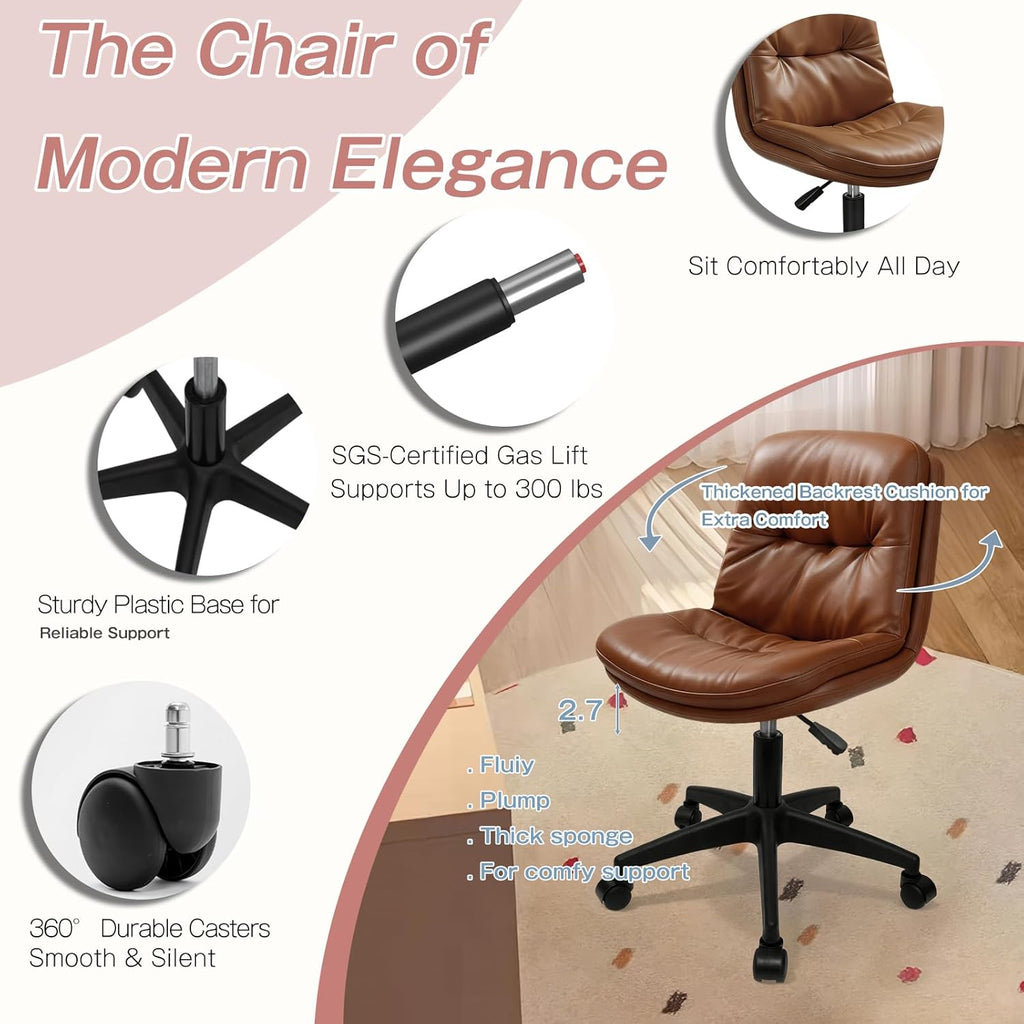 Office Chair, Ergonomic Desk Chair with Padded Cushion & Backrest, Adjustable Height & 360° Swivel, Armless Task Chair for Home Office, Computer Desk & Vanity Brown 1
