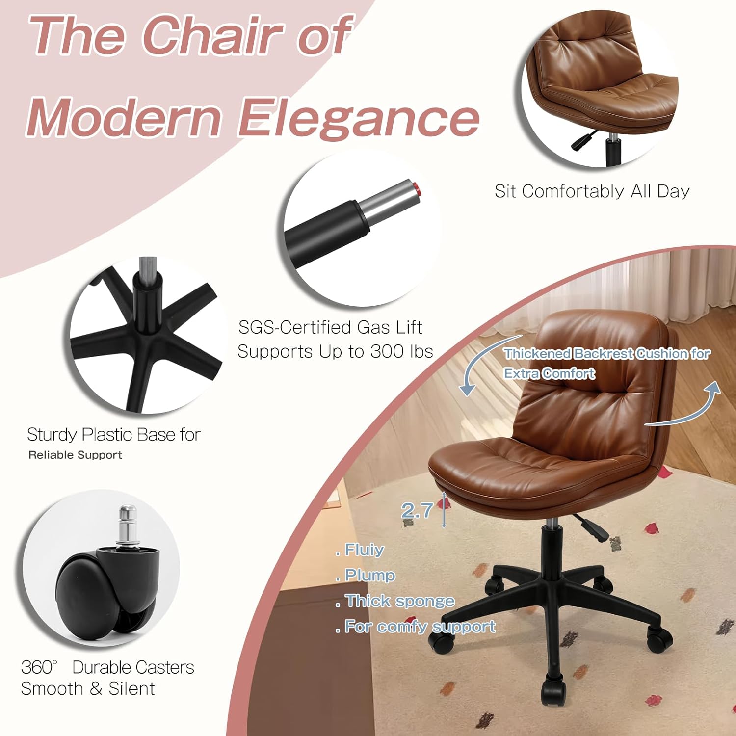 Office Chair, Ergonomic Desk Chair with Padded Cushion & Backrest, Adjustable Height & 360° Swivel, Armless Task Chair for Home Office, Computer Desk & Vanity Brown 1