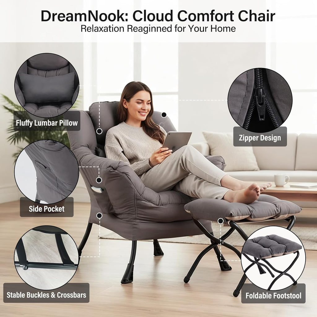 Lazy Chair with Ottoman, Reading Chair with Pillow，Dark Grey | Comfy Accent Lounge Chair with Pillow & folding Foot Stool, sturdy metal frame for bedroom, dorm or apartment, Living Room