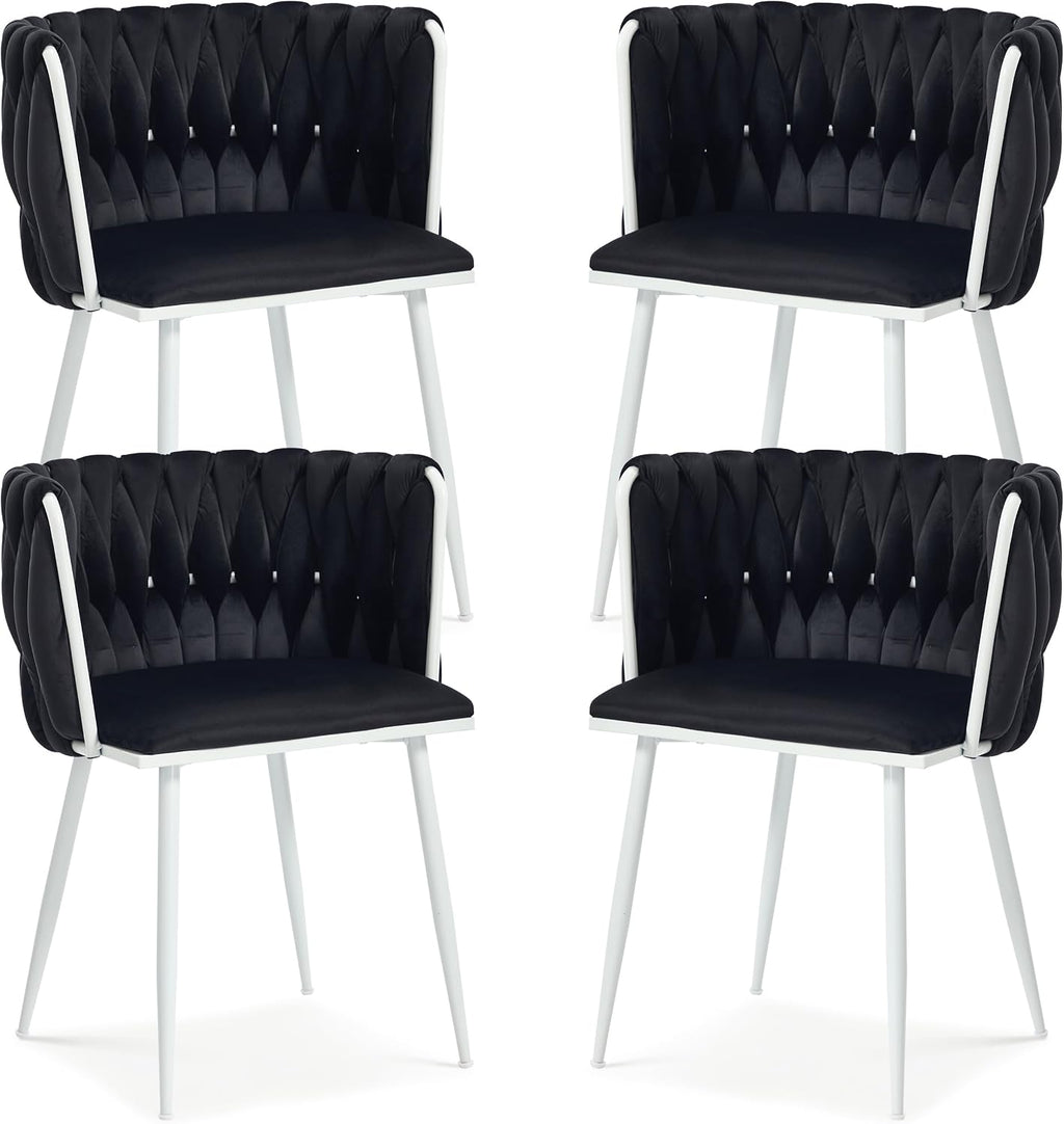 Velvet Dining Chairs Set of 4, Woven Upholstered Side Chairs with White Metal Legs, Modern Accent Chairs Kitchen & Dining Room Chair for Bedroom Living Room (Black + White Legs, Set of 4)