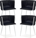 Velvet Dining Chairs Set of 4, Woven Upholstered Side Chairs with White Metal Legs, Modern Accent Chairs Kitchen & Dining Room Chair for Bedroom Living Room (Black + White Legs, Set of 4)