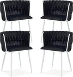 Velvet Dining Chairs Set of 4, Woven Upholstered Side Chairs with White Metal Legs, Modern Accent Chairs Kitchen & Dining Room Chair for Bedroom Living Room (Black + White Legs, Set of 4)