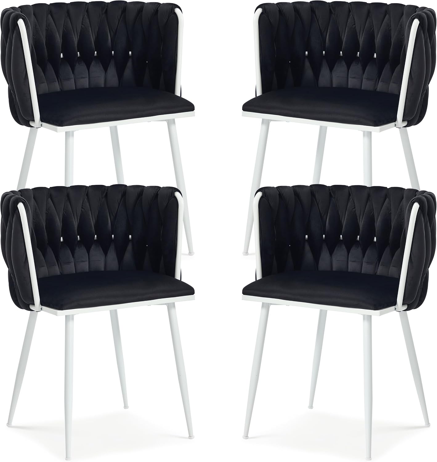 Velvet Dining Chairs Set of 4, Woven Upholstered Side Chairs with White Metal Legs, Modern Accent Chairs Kitchen & Dining Room Chair for Bedroom Living Room (Black + White Legs, Set of 4)