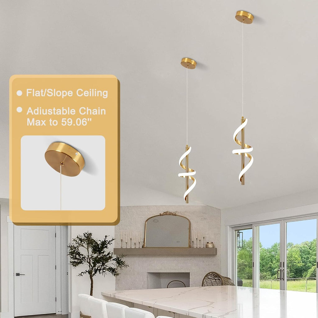 Spiral Led Pendant Light Fixtures, 5500K Gold Modern Led Pendant Light Kitchen Island, Adjustable Height Kitchen Island Lights Fixtures for Dining Room Bedroom Sink
