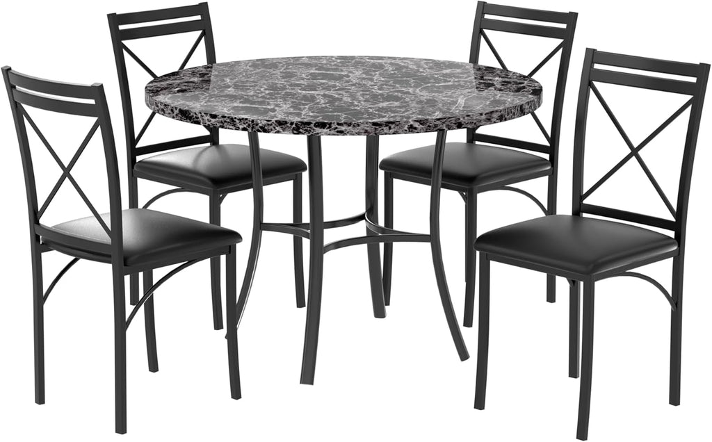 VECELO 5 Piece Dining Table Set for 4, Faux Marble Dinette with Chairs for Kitchen, Breakfast Nook, Small Space, Pure Black