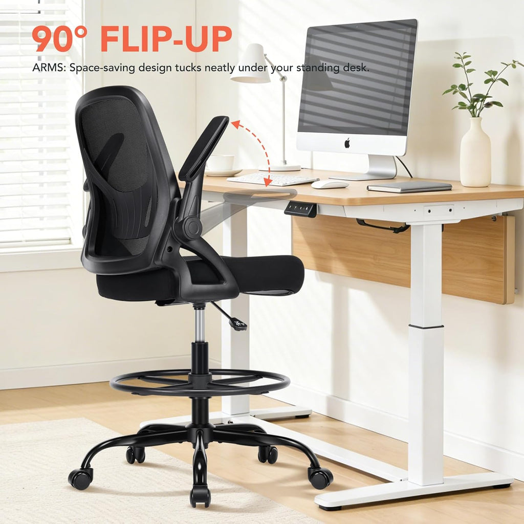 Drafting Chair, Tall Office Chair with Adjustable Footrest Ring, Standing Desk Chair with Flip-Up Armrests, Breathable Mesh High Desk Chair for Counter Height Desk, Black