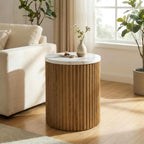 23.6-inch Round Side Table with Faux Marble Top, Drum Shape & Fluted Base - Stylish Small Nightstand for Living Room & Bedroom Decor Brown & White