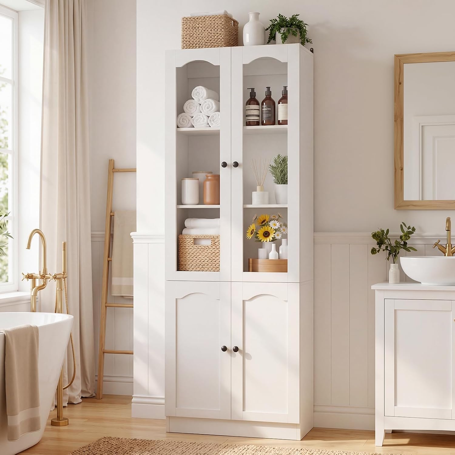 Cyclysio 80" Tall Pantry Cabinet with 4 Doors, White Kitchen Pantry Storage Cabinet with Built-in Baseboard Notch & Adjustable Shelves – Kitchen Storage Cabinet for Dining, Living Room, Office
