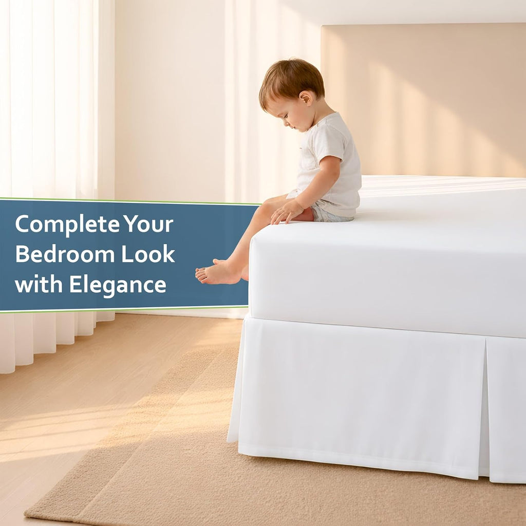 Twin Bed Skirt 18 Inch Drop, Pleated Dust Ruffle with Split Corners, 3-Sided Easy Fit Bed Skirt with Platform, Ultra-Soft Microfiber, Wrinkle Resistant, Tailored Fit, White