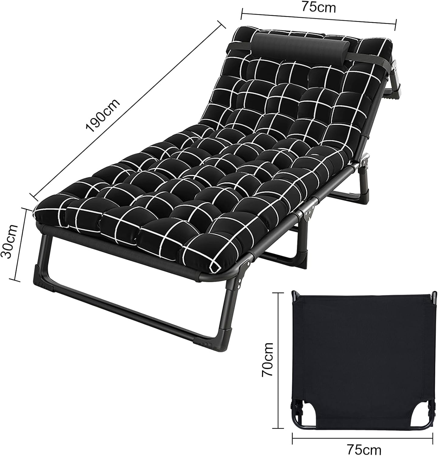 Chaise Lounge Chair | Outdoor Tanning Chair with Pillow[4 Positions] | Heavy Duty Portable Lounge Chairs | Patio Chaise Lounger Camping Cot for Outdoor Sunbathing Patio Pool Lawn Deck Poolside Black
