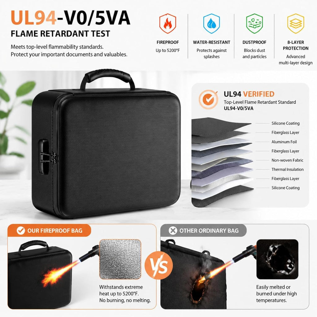 Fireproof Document Box with Lock, 8-Layer Waterproof Fire Resistant Safe Box, Upgraded Heat Insulated Storage Box, Portable Home Travel Organizer for Files, Certificates & Valuables - Black（Soft）