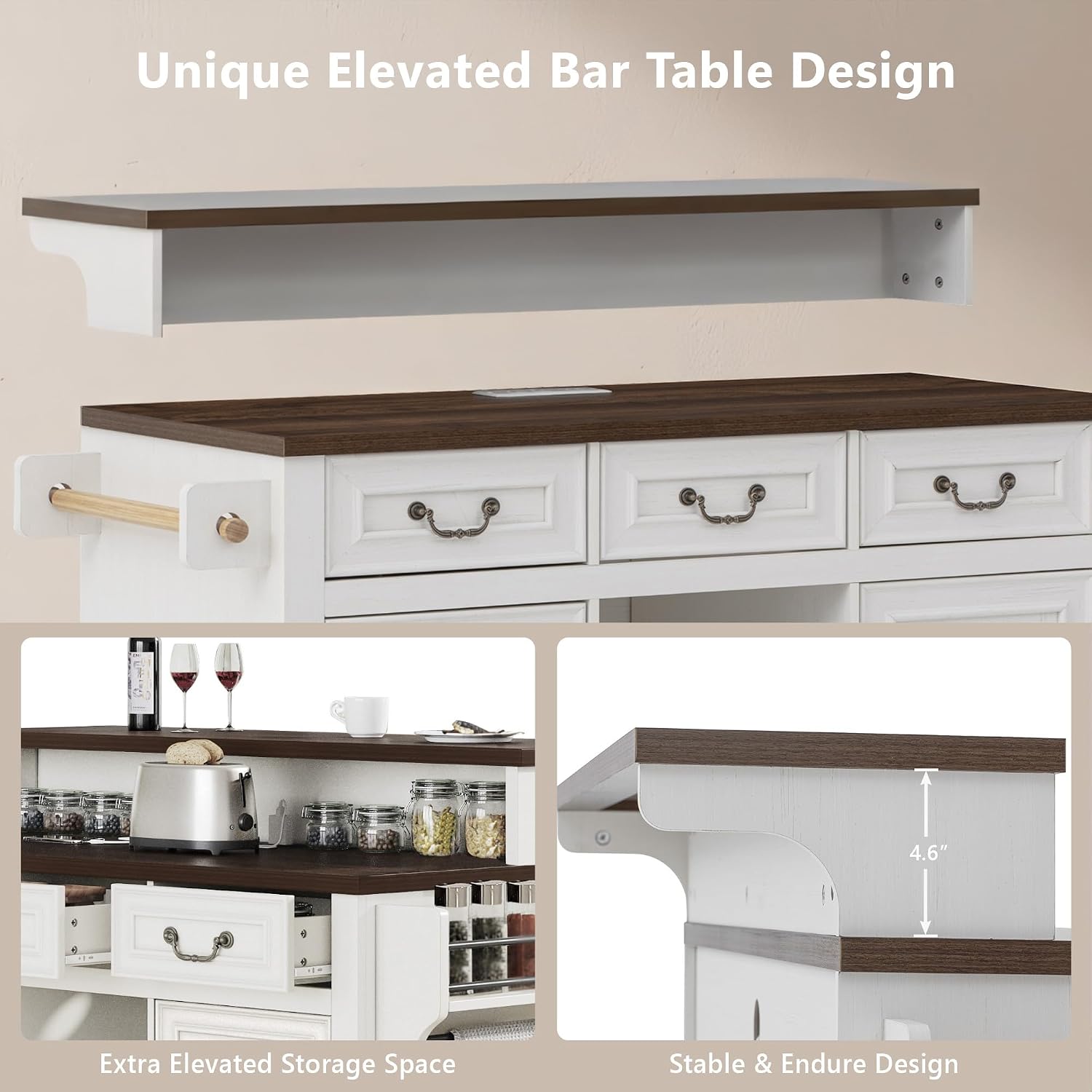 53.2" Two-Tier Kitchen Island with Power Outlet, Rustic White | Rolling Bar Cabinet with Storage, 4 Door Shelves, Adjustable Shelves, 3 Drawers for Kitchen