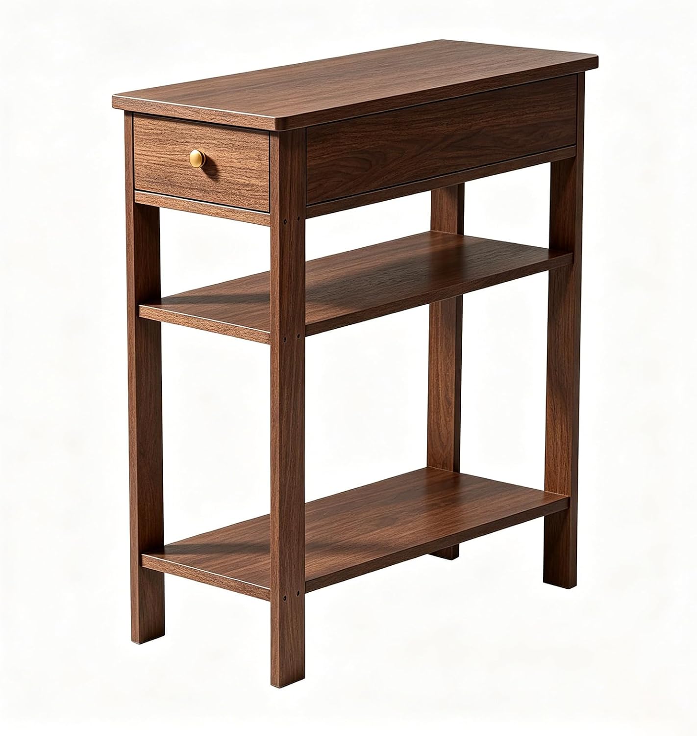 Solid Wood Narrow End Table with Drawer and 3-Tier Storage, Slim Nightstand for Small Spaces, Side Table with Shelves for Living Room, Bedroom, Easy Assembly Walnut 23.6X23.6X11in