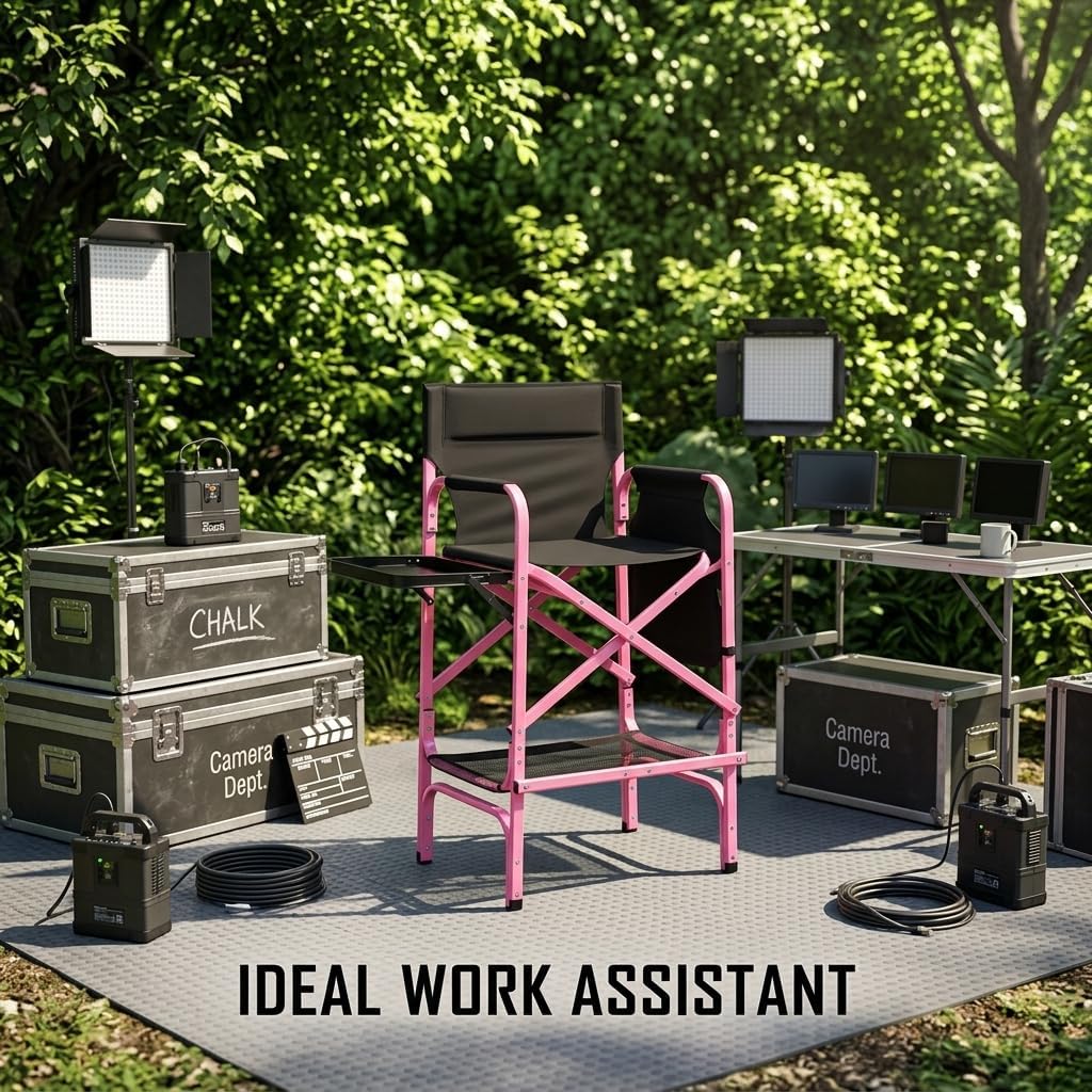 VINGLI 31" Tall Director's Chair for Makeup Artist, Aluminum Portable Makeup Chair with Retractable Side Table & Footrest,Supports 300 lbs, Foldable Makeup Chair for Studio, Pink & Black