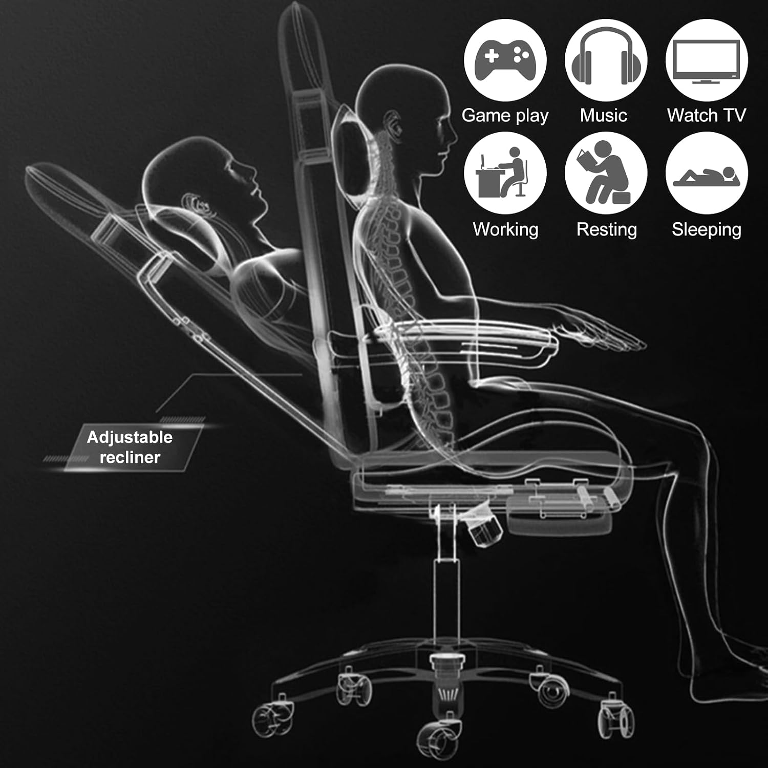 Gaming Chair with Bluetooth Speakers & Lights, Ergonomic High-Back Office Chair with Retractable Footrest, 360° Swivel Adjustable Computer Chair, Faux Leather Racing Style for Home Office & Gaming