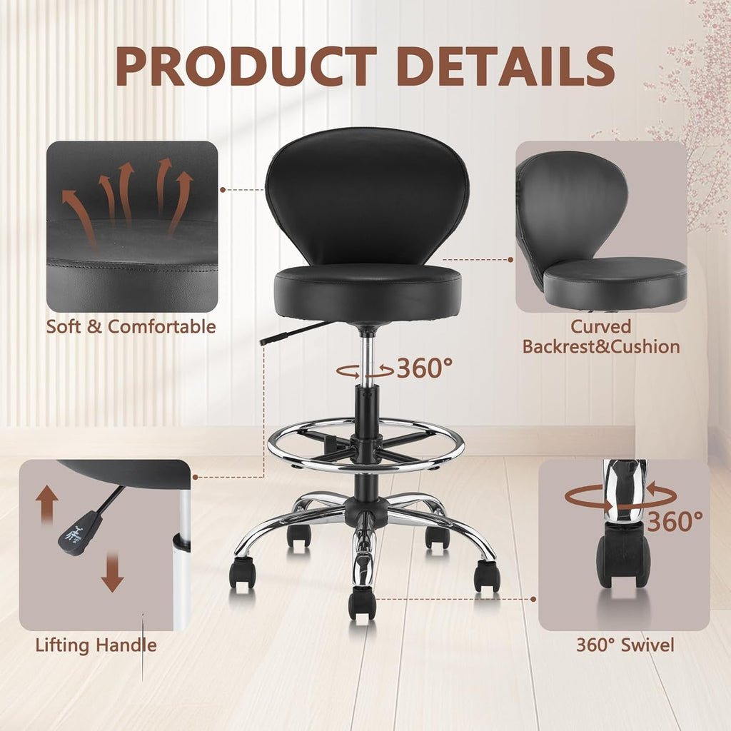 KLASIKA Black PVC Faux Leather Drafting Chair Rolling Swivel Salon Stool Seat Adjustable Height 36 Inch with Back Support Foot Rest Hydraulic Wide Seat for Tattoo Beauty Barber Lash 1Pack