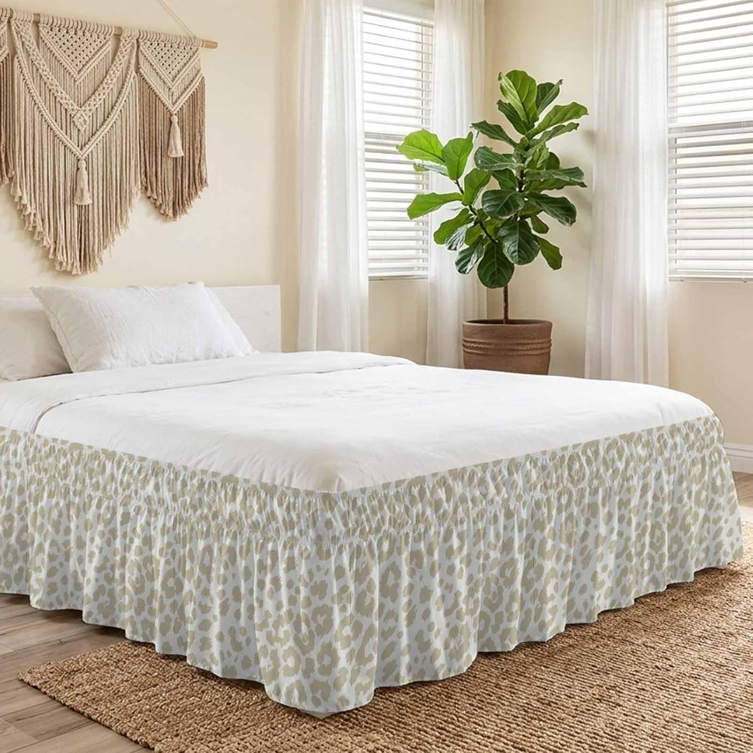 Bed Skirt Cream Leopard Print Bedskirt 18 Inch Drop Animal Fur Skin Adjustable Elastic Wrap Around Bed Skirts Dust Ruffle for Queen Size Bed Frame Cover Bedroom Decor