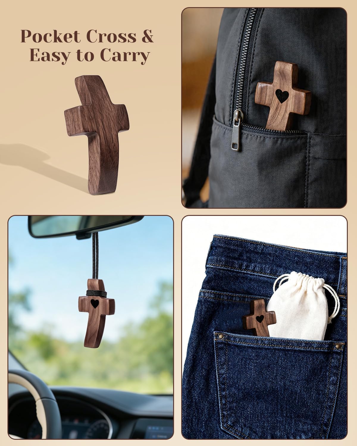 10-Pack Wooden Cross Fidget, Handmade Pocket Wood Crosses, Cross My Heart | Encouragement Gift, Relieve Anxiety for Yourself, Inspirational Easter Gift for Christian Faith, Prayer, Father Day Gifts
