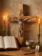 King David Market Olive Wood Crucifix Cross (8 Inch), Wall Hanging Christian Crucifix Featuring a Decorative Natural Stone from Jerusalem, Handcrafted Religious Décor