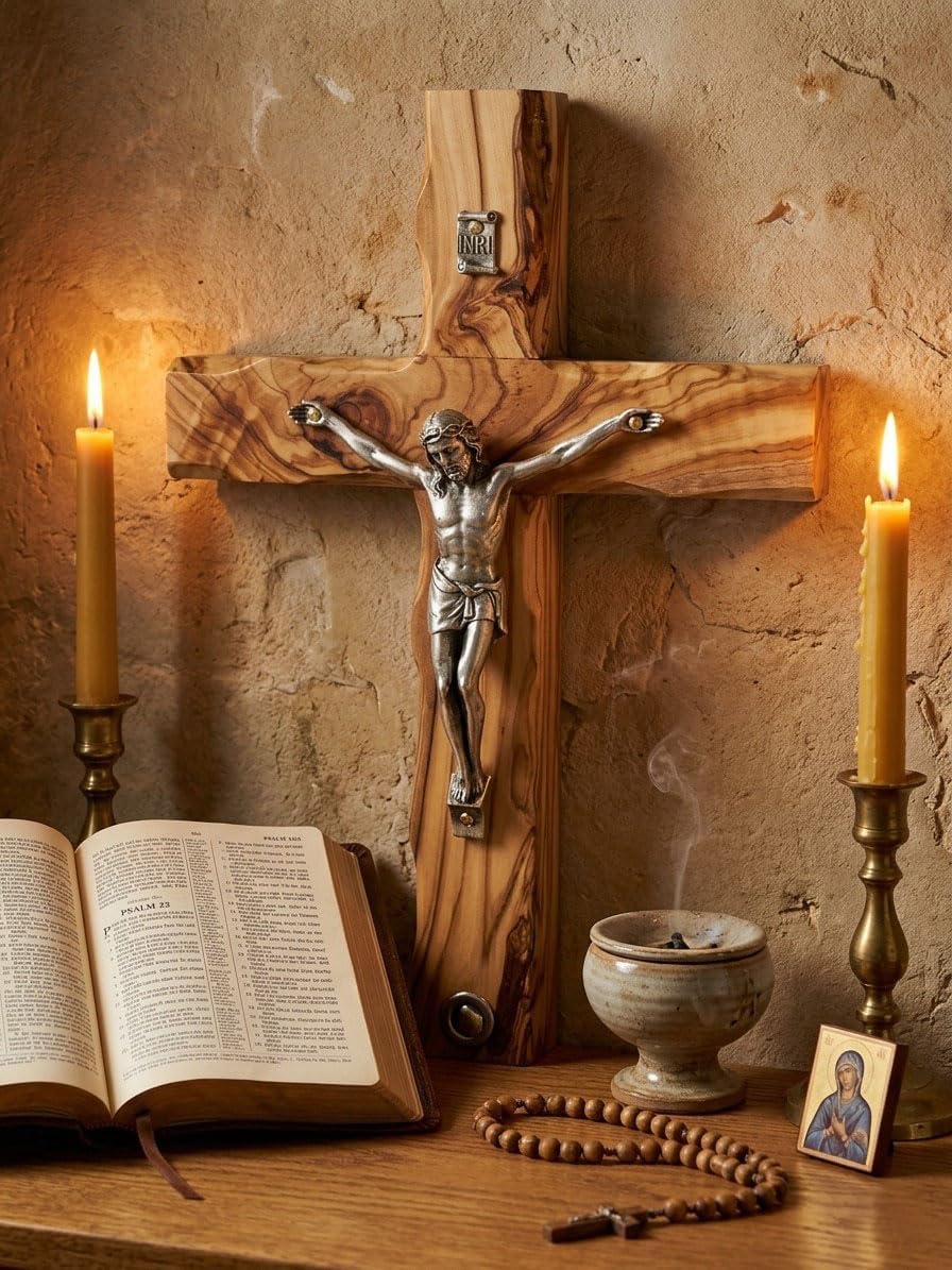 King David Market Olive Wood Crucifix Cross (8 Inch), Wall Hanging Christian Crucifix Featuring a Decorative Natural Stone from Jerusalem, Handcrafted Religious Décor