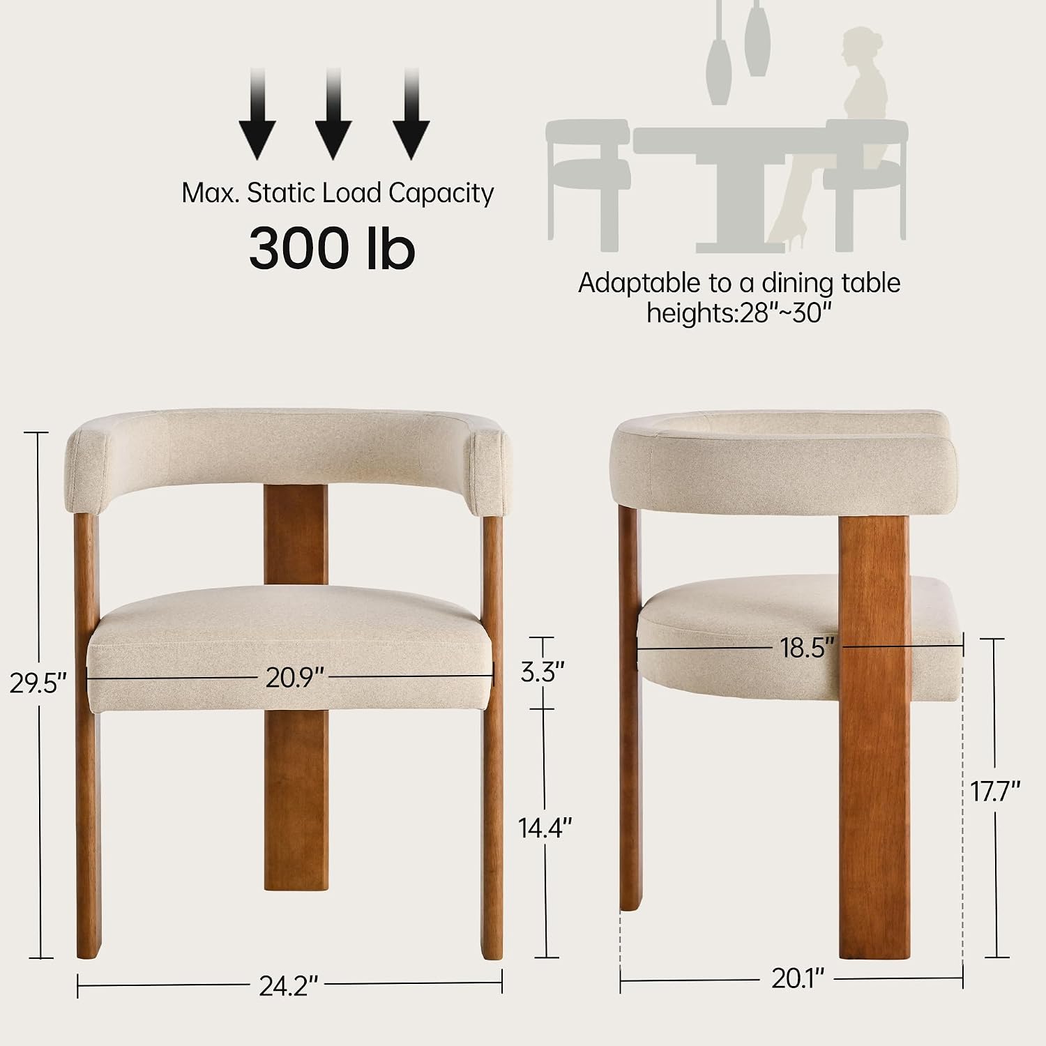Usaint Wooden Barrel Dining Chairs Set of 4, Mid-Century Modern Upholstered Dining Room Chairs with Walnut Wood Legs and Loop Back, Comfy Accent Arm Chair for Dining Room, Kitchen, Living Room, Beige