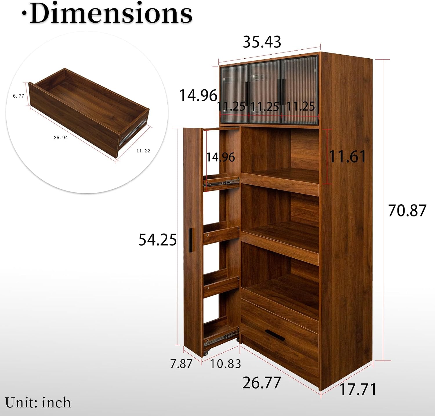 Tall Kitchen Hutch Cabinet with Pull-out Shelves & Drawer Freestanding Pantry Cabinet Large with Cable Management Glass Door Cupboard for Kitchen, Dining Room with Microwave Countertop Walnut Finish