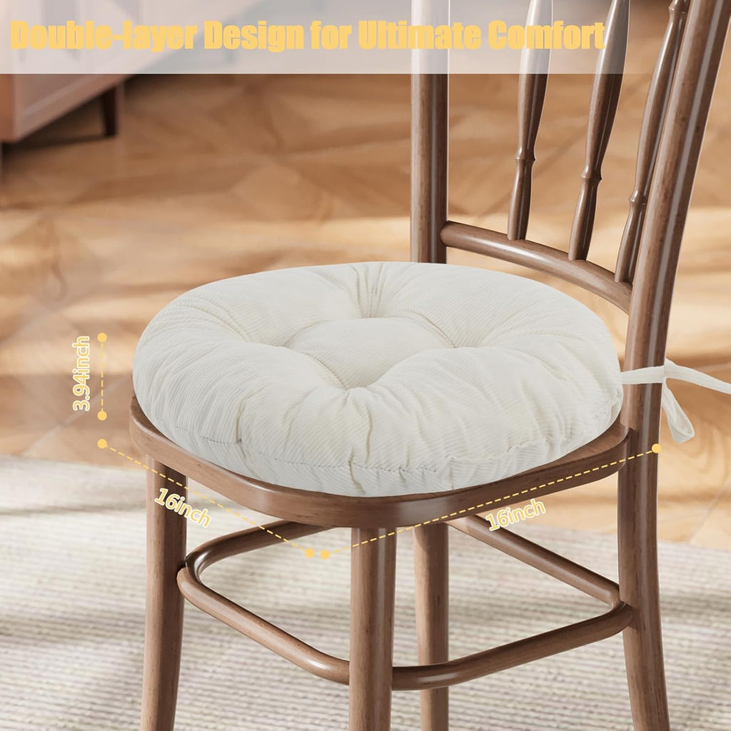 idee-home Round Chair Cushions Set of 2, Round Stool Seat Cushion 16 inch, Circle Chair Pads Corduroy with Ties Indoor Barstool Pads for Kitchen, Beige