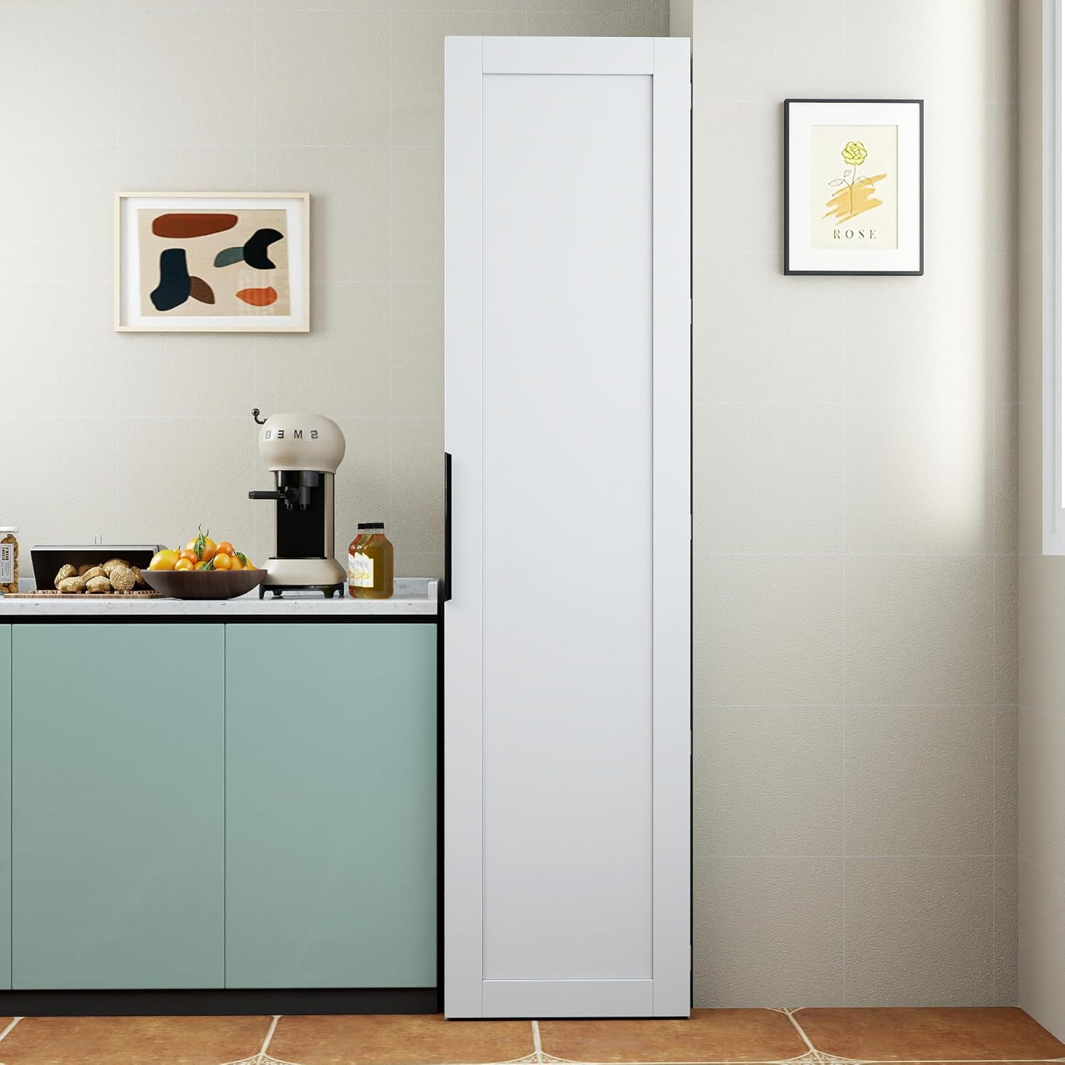 63'' Particle Board and Free Standing Pantry Cabinet, Kitchen Storage Cabinet with Doors Tall Kitchen Pantry Cabinet for Dining Room and Living Room Organization (White)