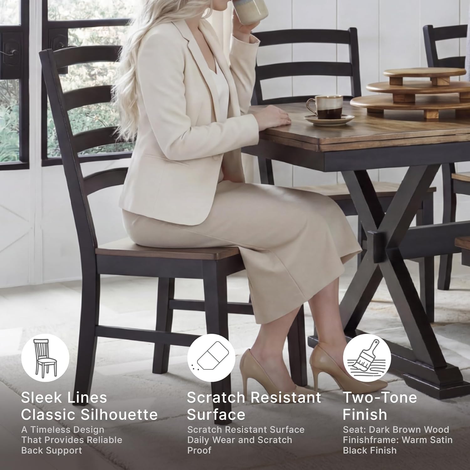 Signature Design by Ashley Wildenauer Dining Chairs Set of 2, Modern Ladderback Dining Chairs with Solid Wood Frame, Two-Tone Finish, Contoured Seat, Black/Brown