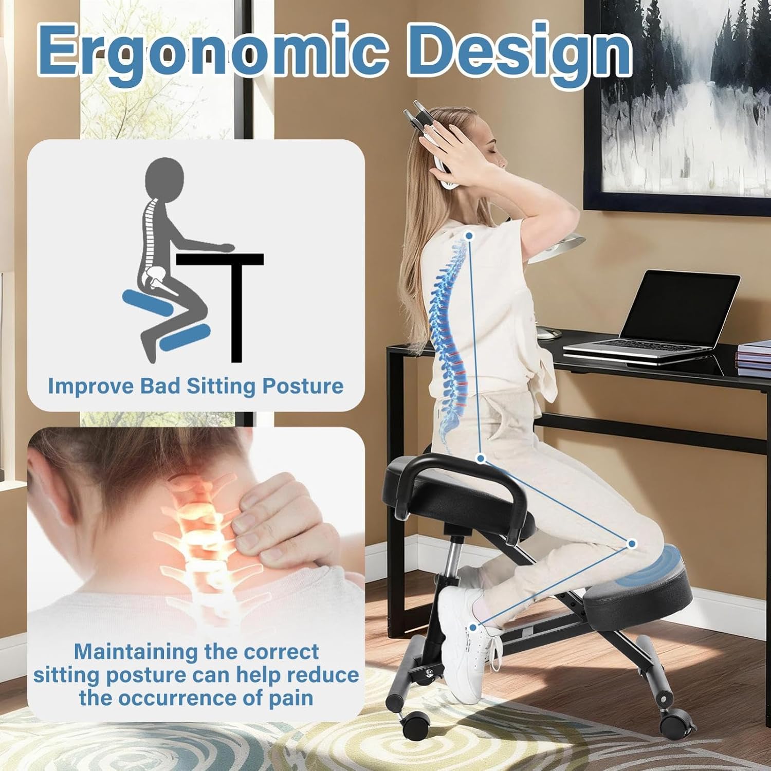 Kneeling Chair Ergonomic with Armrests Locking Casters 22.4"-26.3" Height-Adjustable Postures Seat 220 Lbs for Home Office Meditation Black