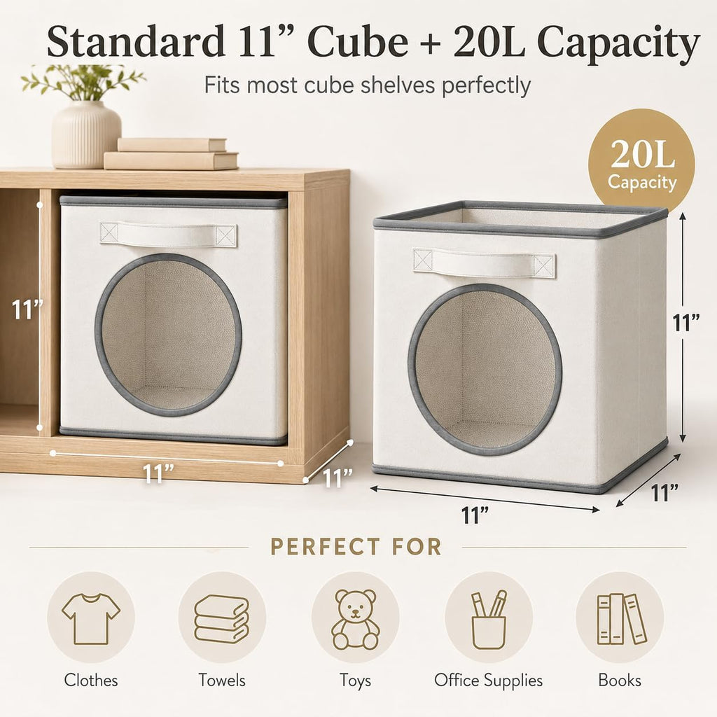 Vailando Ultra Thick Fabric Foldable Storage Cubes with Mesh Window - 11 Inch Cube Storage Organizer for Clothes, Shelves, Offices, Toys & Misc, White & Ivory, 4 Pack