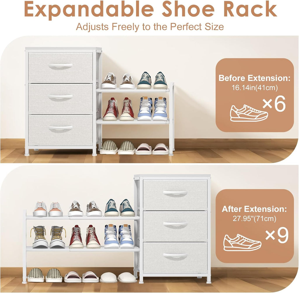 Cidaziya Expandable Closet Organizers and Storage, White Fabric Storage Dresser, 3 Drawer Dresser, Clothes Shelves for Kids, Purse Organizer Small Shoe Rack for Closet Bedroom(31.29~43.42 in)
