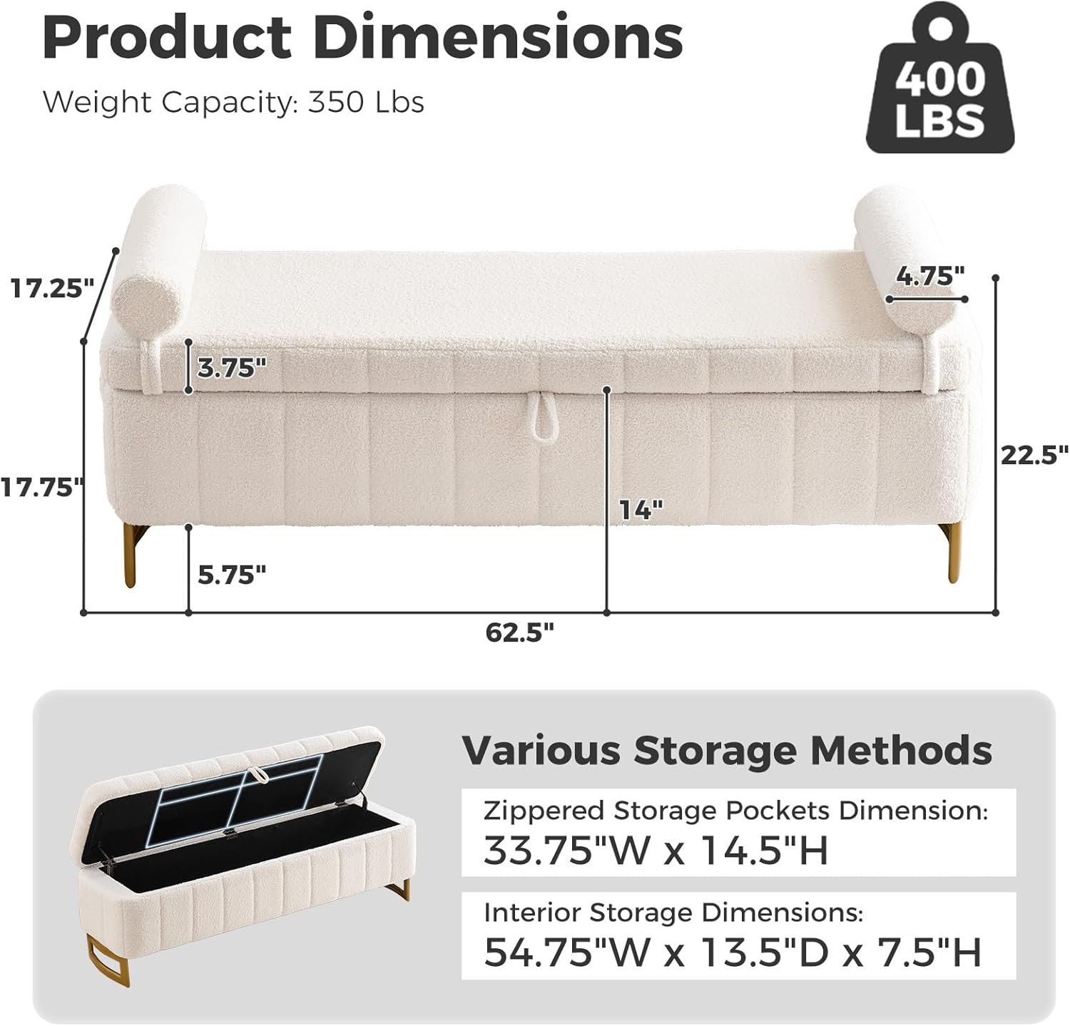 End of Bed Bench with Storage, 63" Storage Bench for Bedroom King Size Bed, Storage Ottoman Bench with Golden Metal Legs, Bedroom Benches for Entryway Hallway, Teddy Cream White