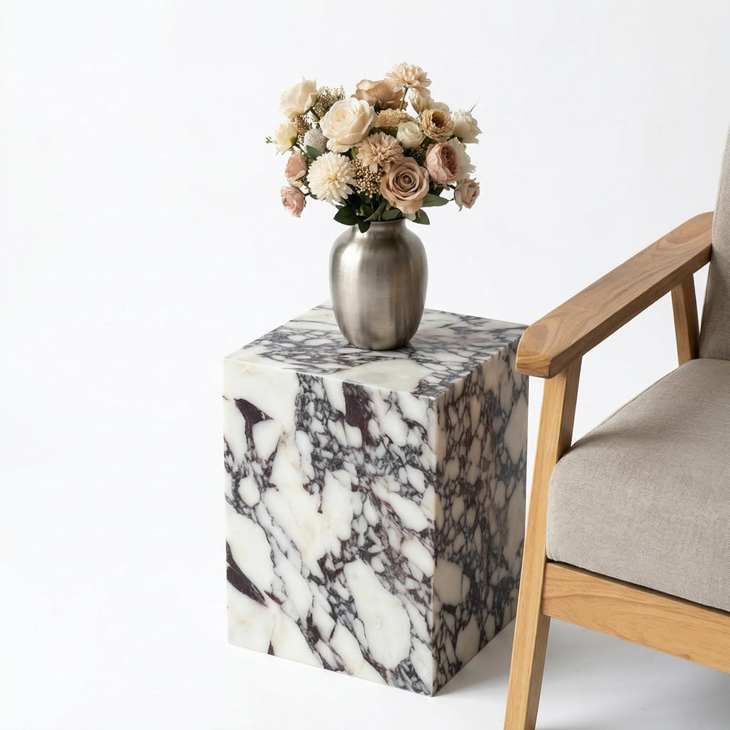 Natural Calacatta Viola Marble Side Table, 11.8" Square End Table for Living Room and Bedroom, Luxury Real Stone Nightstand, Heavy Duty Small Coffee Table, No Assembly Required, 19.6" Height