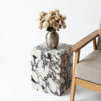 Natural Calacatta Viola Marble Side Table, 11.8" Square End Table for Living Room and Bedroom, Luxury Real Stone Nightstand, Heavy Duty Small Coffee Table, No Assembly Required, 19.6" Height