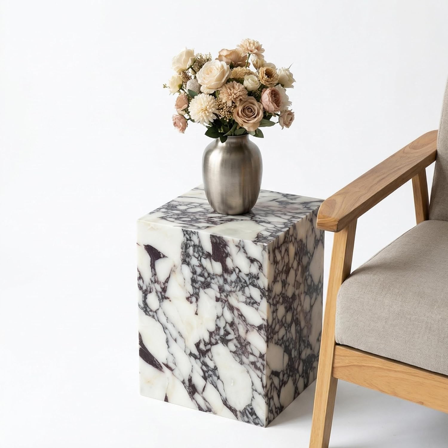 Natural Calacatta Viola Marble Side Table, 11.8" Square End Table for Living Room and Bedroom, Luxury Real Stone Nightstand, Heavy Duty Small Coffee Table, No Assembly Required, 19.6" Height