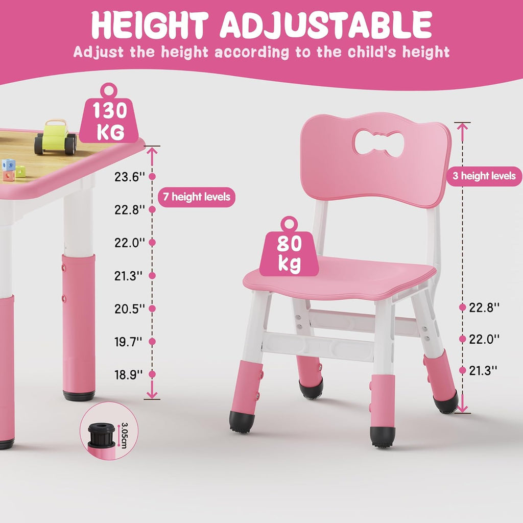 Brelley Kids Table and 2 Chairs Set, Height Adjustable Toddler Desk and Chair Set, Graffiti Desktop, Classroom/Daycare/Home, Children Multi-Activity Table for Ages 3-8