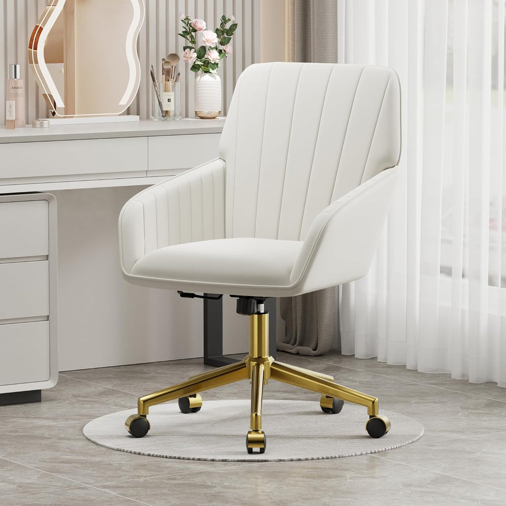 YISHENG Velvet Home Office Chair with Gold Base Upholstered Tufted Modern Height Adjustable 360 Degree Swivel Desk Chair with Wheels, Vanity Chairs for Living Room, Bedroom,Study Room (Cream)