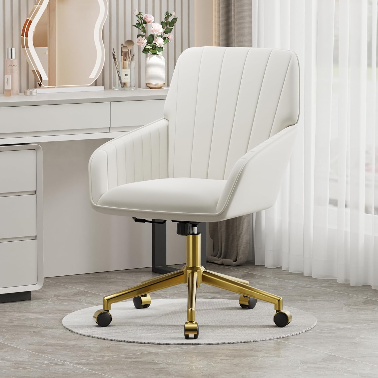 YISHENG Velvet Home Office Chair with Gold Base Upholstered Tufted Modern Height Adjustable 360 Degree Swivel Desk Chair with Wheels, Vanity Chairs for Living Room, Bedroom,Study Room (Cream)