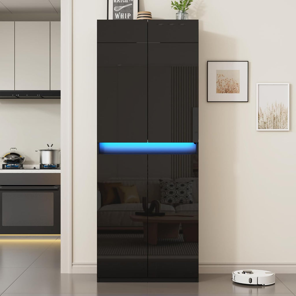 Furnify 71" Tall Pantry Storage Cabinet, Kitchen Pantry with High Gloss Doors, Modern Buffet Hutch Cabinet with Led Light and Adjustable Shelves for Dining Room, Living Room, Black